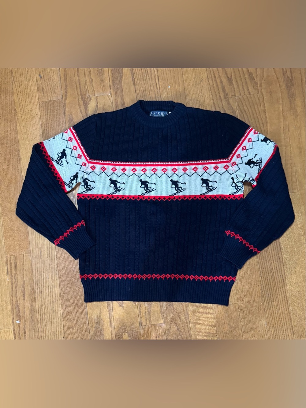 Vintage CSI Coliu St Marx knit ski sweater size M navy blue red white Romania